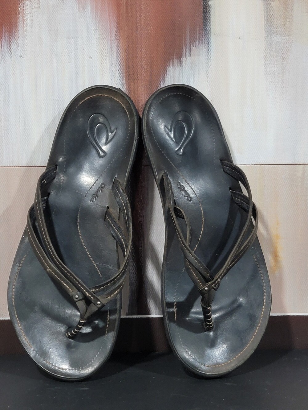 Olukai U'l Sahara Women's Black Leather Sandals 8 Flip Flop